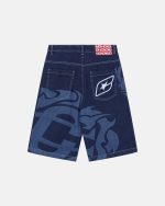 a pair of blue shorts with a white logo