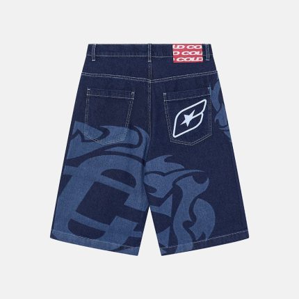 a pair of blue shorts with a white logo